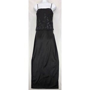 Vintage 90s Y2K Black Satin Maxi Slip Dress Sparkle Whimsigoth Fairy Grunge Sz 5